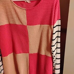 Pink and Tan Checkered Long Sleeve Top